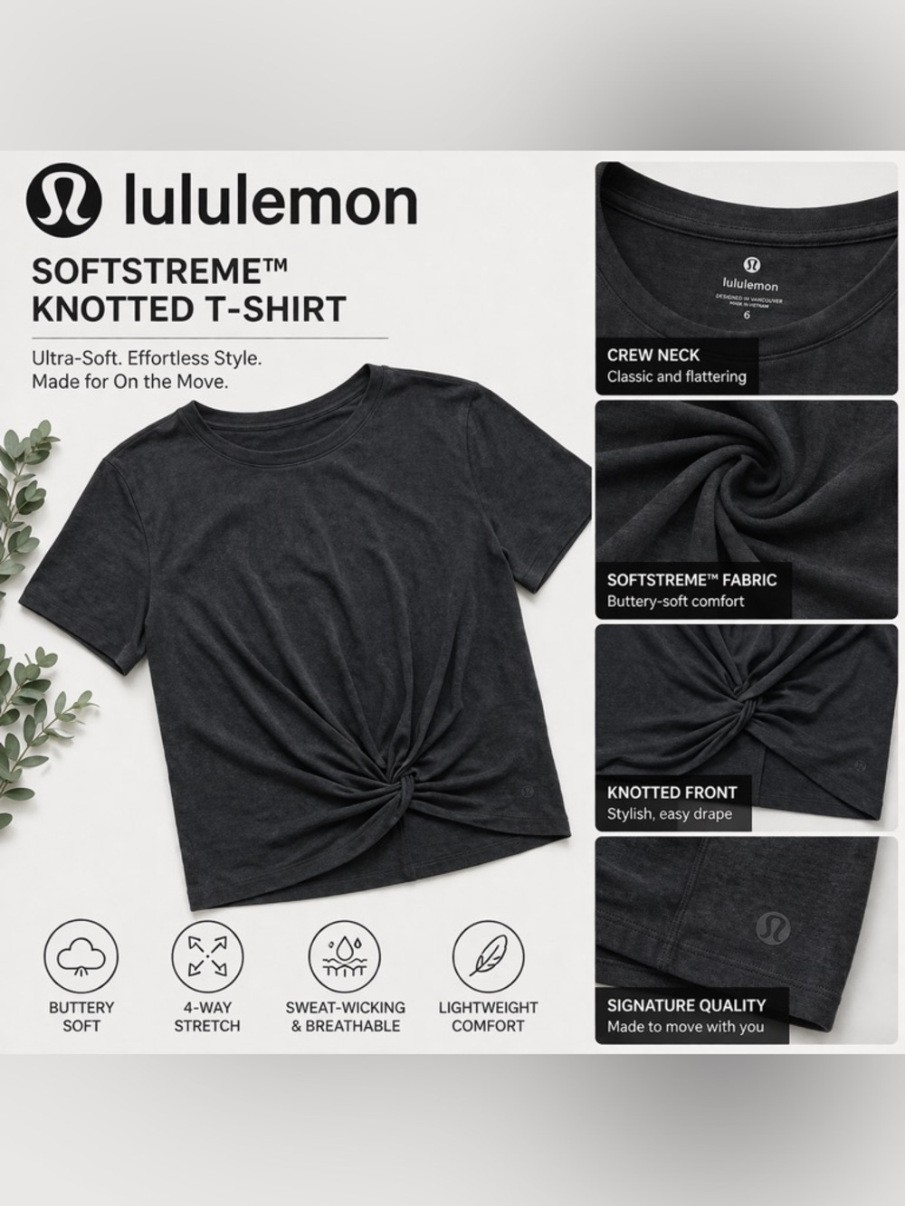 Lululemon Softstreme Knotted T-Shirt Dark Gray Short Sleeve Size 6